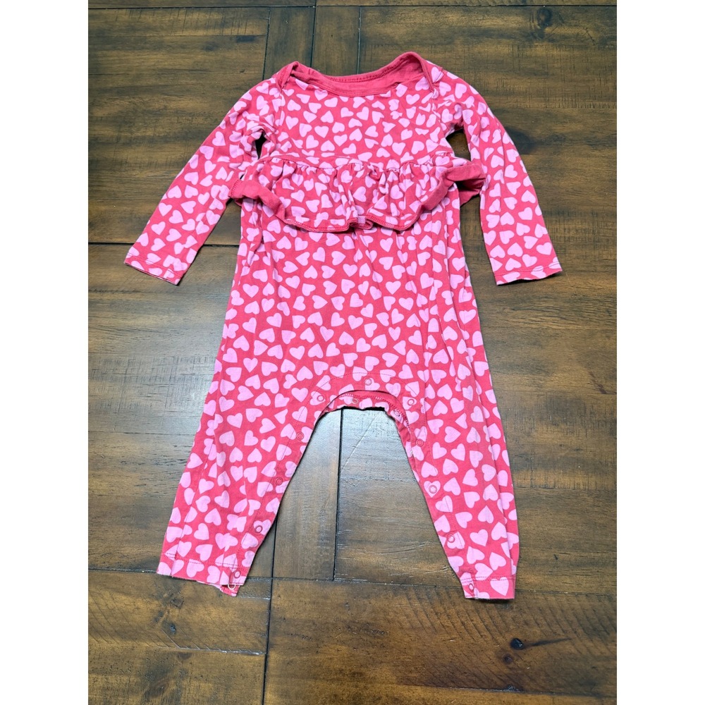 Tea Collection Girls Pink Heart Ruffle Romper 18-24 Months Long Sleeve Cotton